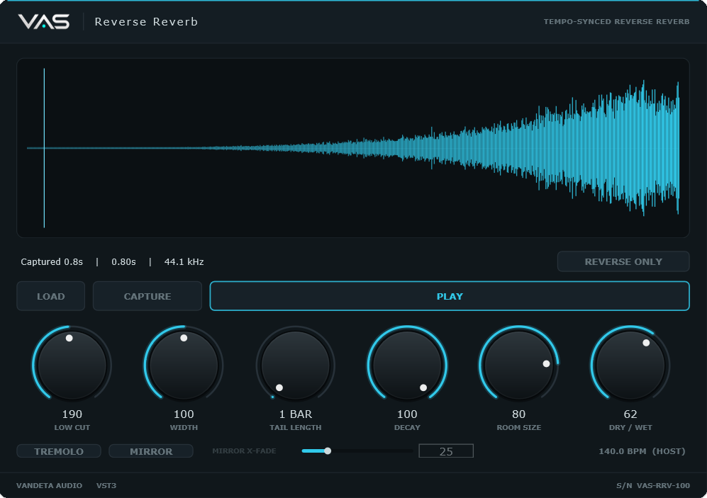 VAS Reverse Reverb plugin interface
